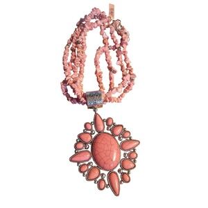 NEW Chunky Pink Turquoise Gemstone Pendant‎ Necklace Multi Strand Beaded Boho